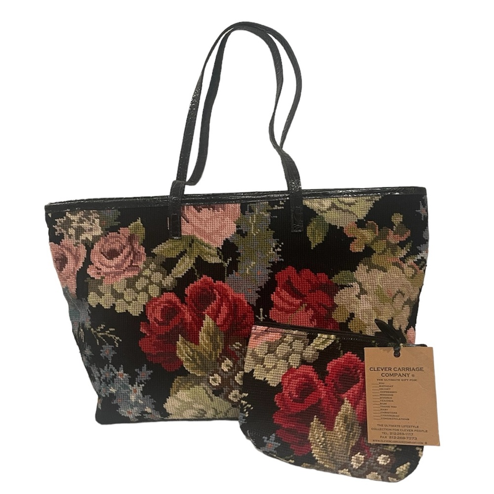 Clever Carriage Company Large Needlepoint ROSES Zippered Tote & Cosmetic Bag